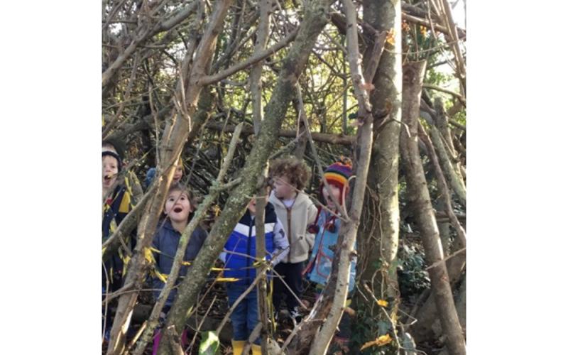 Children looking up and smiling in wooded area