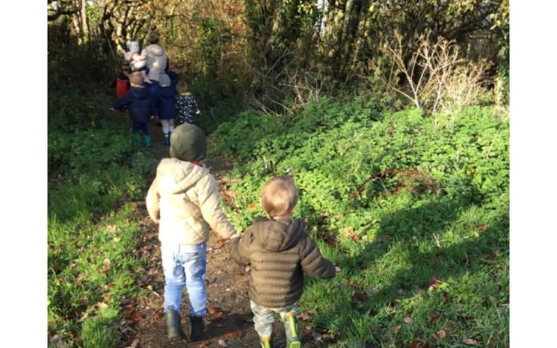 Children walking outdoors and holding hands